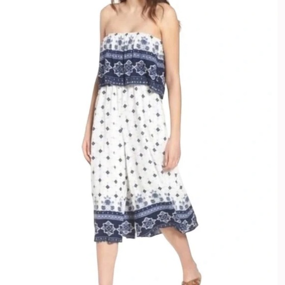 Some Days Lovin Jumpsuit Large White Blue Geometric & Floral Patterns Flowy Boho - Picture 1 of 16